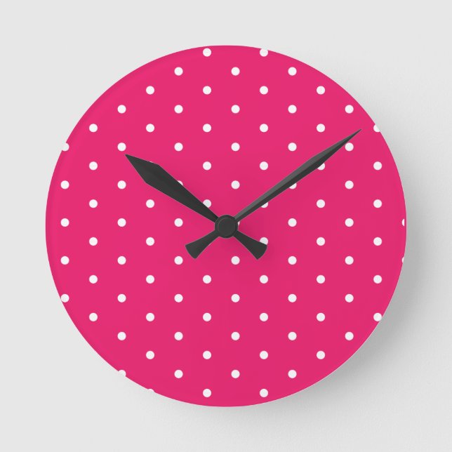 White on Hot Pink Polka Dots Round Clock (Front)