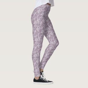 White on Mauve Lily-of-the-Valley Floral Outline Leggings