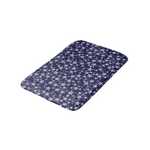 White on Midnight Blue Lino Print Stars Pattern Bath Mat