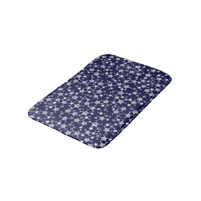 White on Midnight Blue | Lino Print Stars Pattern Bath Mat (Angled)