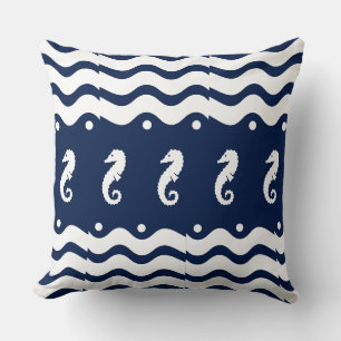 white on navy SEA HORSE coastal living Cushion