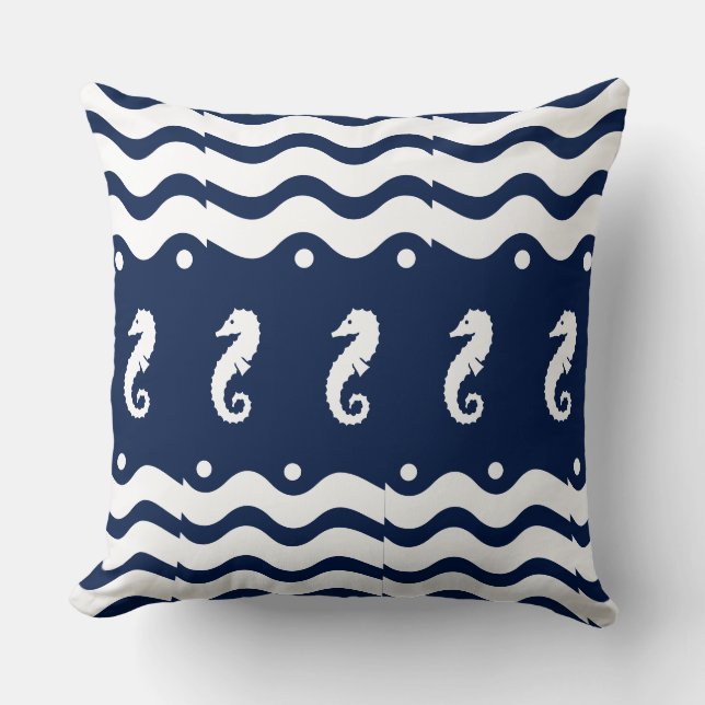 white on navy  SEA HORSE   coastal living Cushion (Front)