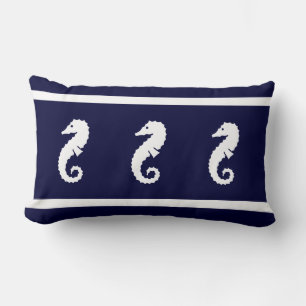 white on navy SEA HORSE coastal living Lumbar Cushion