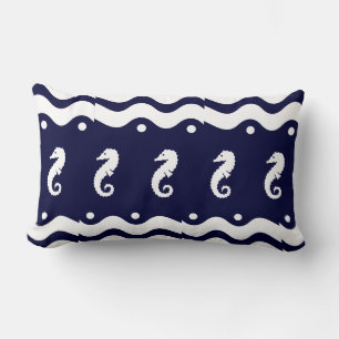 white on navy  SEA HORSE   coastal living Lumbar Cushion