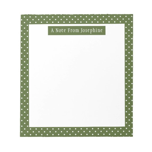 White On Olive Green Polka Dots Pattern And Text Notepad (Front)