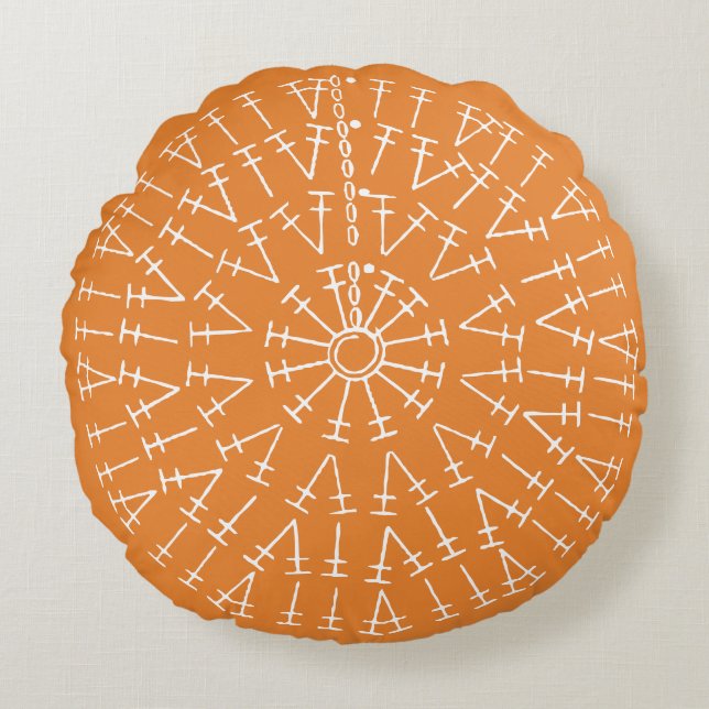 White on Orange Crochet Chart Round Cushion (Front)