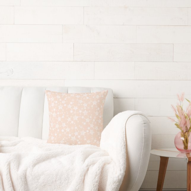 White on Peach/Apricot | Lino Print Stars Pattern Cushion (Couch)