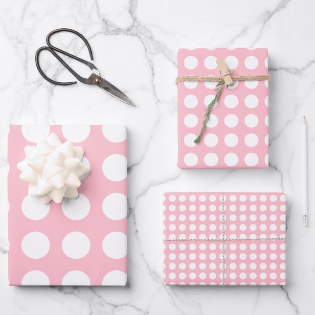 White on Pink Different Sizes Horiz. Polka Dots Wrapping Paper Sheet (Front)