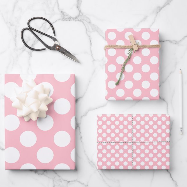 White on Pink Different Sizes Polka Dots Wrapping Paper Sheet (Front)