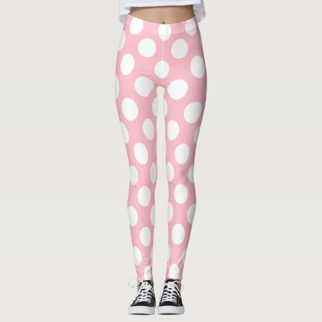 White on Pink Large Size Polka Dots Leggings (Front)
