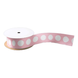 White on Pink Medium Size Horiz. Polka Dots Ribbon Satin Ribbon