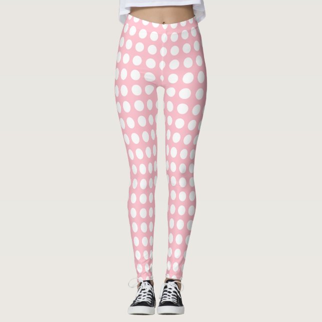 White on Pink Medium Size Horizontal Polka Dots Leggings (Front)
