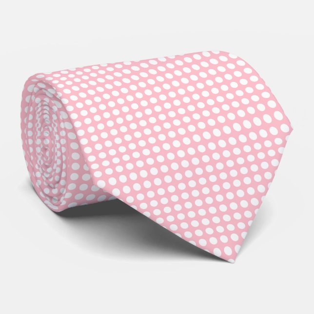 White on Pink Medium Size Horizontal Polka Dots Tie (Rolled)