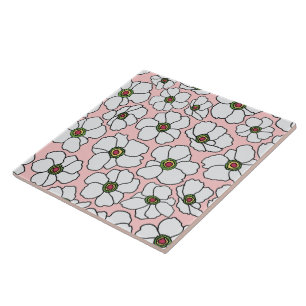 White On Pink Wildflower Design Ceramic Tile