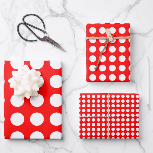 White on Red Different Sizes Horizontal Polka Dots Wrapping Paper Sheet (Front)