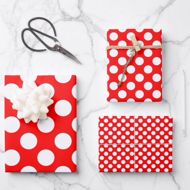 White on Red Different Sizes Polka Dots Wrapping Paper Sheet (Front)