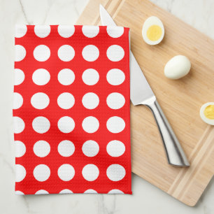 White on Red Large Size Horizontal Polka Dots Tea Towel