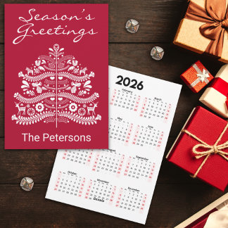 White on Red Scandinavian Christmas Tree Calendar Holiday Card