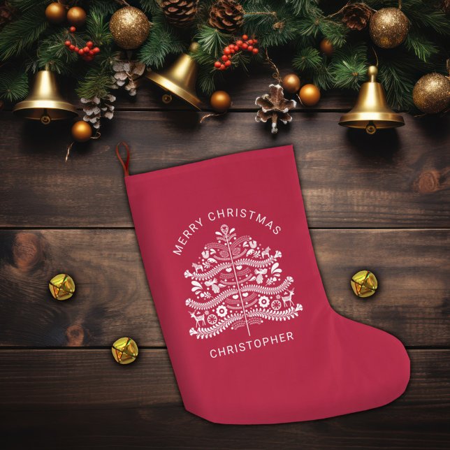 White on Red Scandinavian Christmas Tree Large Christmas Stocking (Creator Uploaded)