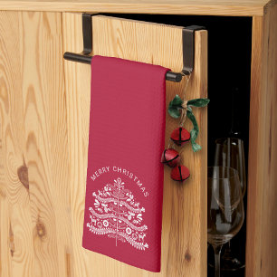 White on Red Scandinavian Christmas Tree Tea Towel