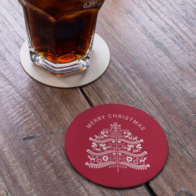 White on Red Scandinavian Folk Art Christmas Tree Round Paper Coaster (Creator Uploaded)