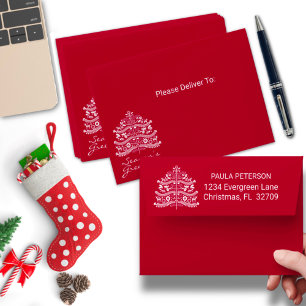 White on Red Scandinavian Nordic Christmas Tree Envelope