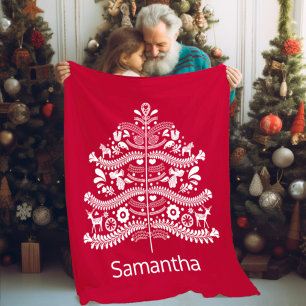 White on Red Scandinavian Nordic Christmas Tree Fleece Blanket