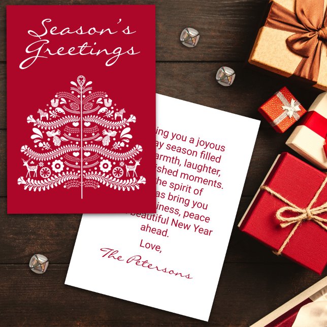 White on Red Scandinavian Nordic Christmas Tree Holiday Card (Creator Uploaded)