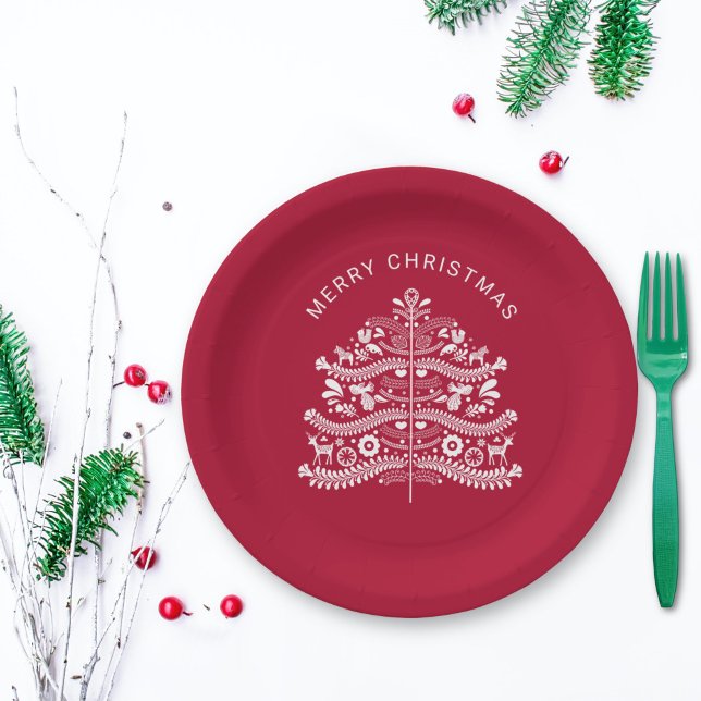 White on Red Scandinavian Nordic Christmas Tree Paper Plate (Creator Uploaded)