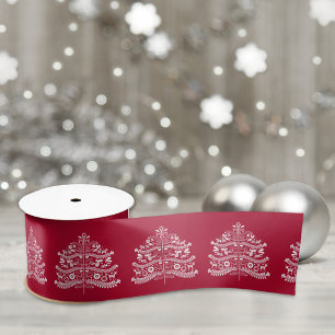 White on Red Scandinavian Nordic Christmas Tree Satin Ribbon