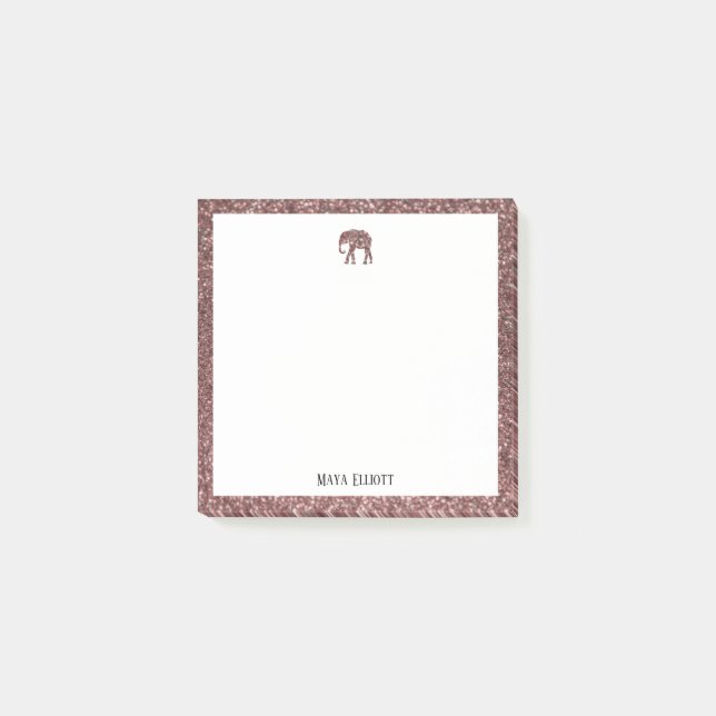 White on Rose Gold Faux Glitter Elephant & Border Post-it Notes (Front)