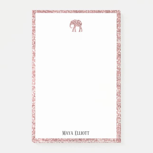 White on Rose Gold Faux Glitter Elephant & Border Post-it Notes (Front)