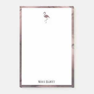 White on Rose Gold Marble, Flamingo & Border, Name Post-it Notes