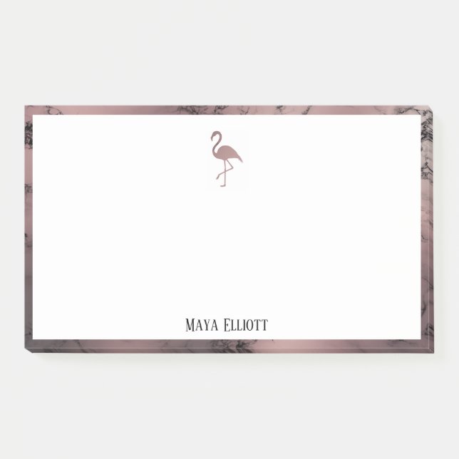 White on Rose Gold Marble, Flamingo & Border, Name Post-it Notes (Front)
