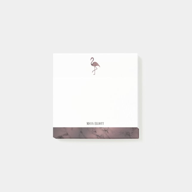 White on Rose Gold Marble, Flamingo & Border, Name Post-it Notes (Front)