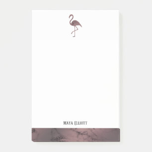 White on Rose Gold Marble, Flamingo & Border, Name Post-it Notes