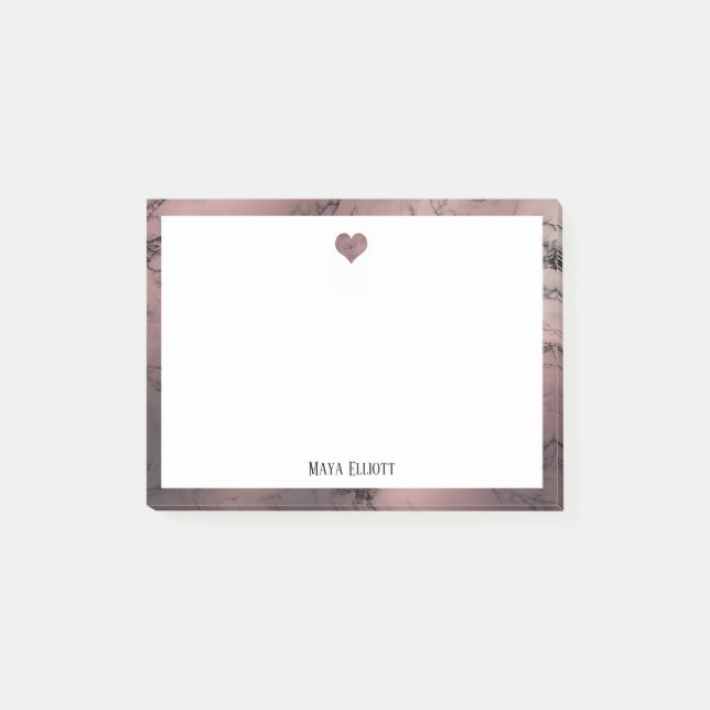 White on Rose Gold Marble Heart & Border, Name Post-it Notes (Front)