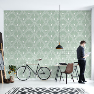 White on sage green art deco pattern wallpaper