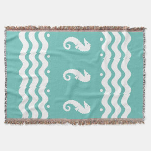 WHITE on teal aqua BLUE  SEA HORSE coastal living Throw Blanket