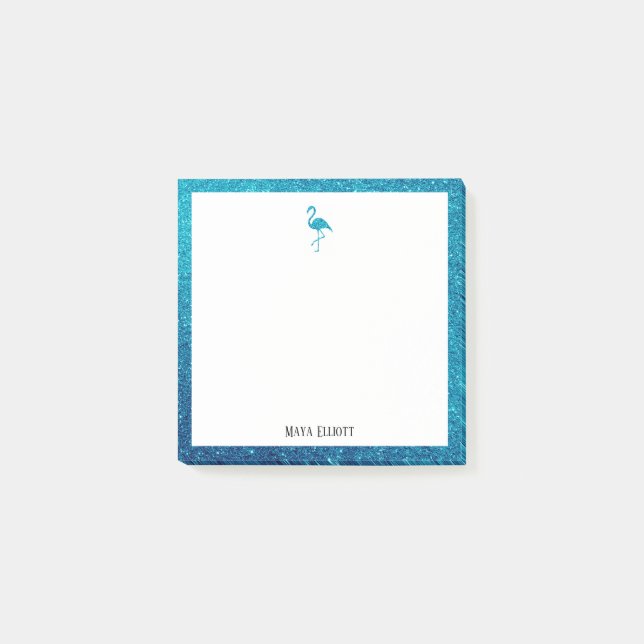 White on Teal Faux Glitter Flamingo & Border, Name Post-it Notes (Front)