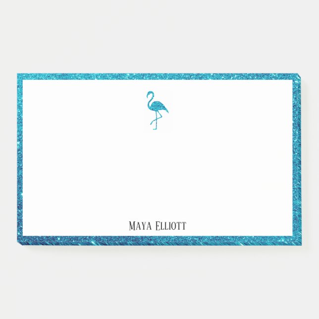 White on Teal Faux Glitter Flamingo & Border, Name Post-it Notes (Front)