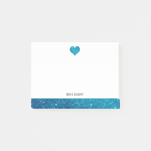 White on Teal Faux Glitter Heart & Border, Name Post-it Notes (Front)