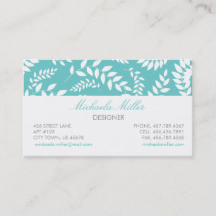 White on Teal Foliage Ferns Pattern Business Card