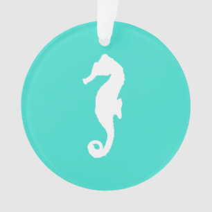 White On Turquoise Coastal Decor Seahorse Ornament