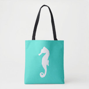 White On Turquoise Coastal Decor Seahorse Tote Bag