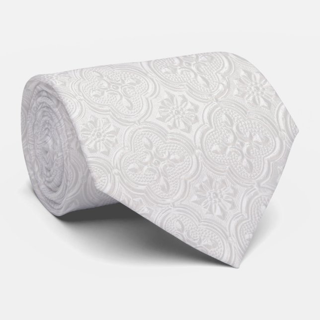 White On White Floral Pattern Tie (Rolled)