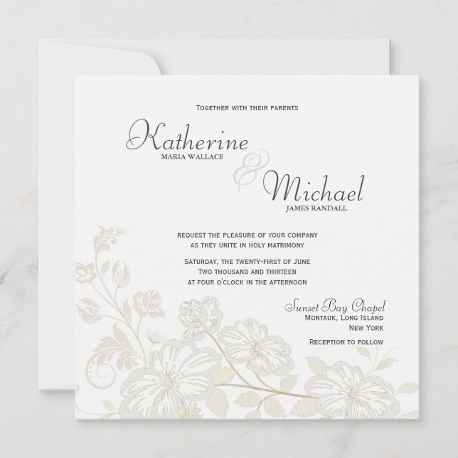 White on White Floral Wedding Invitations (Front)