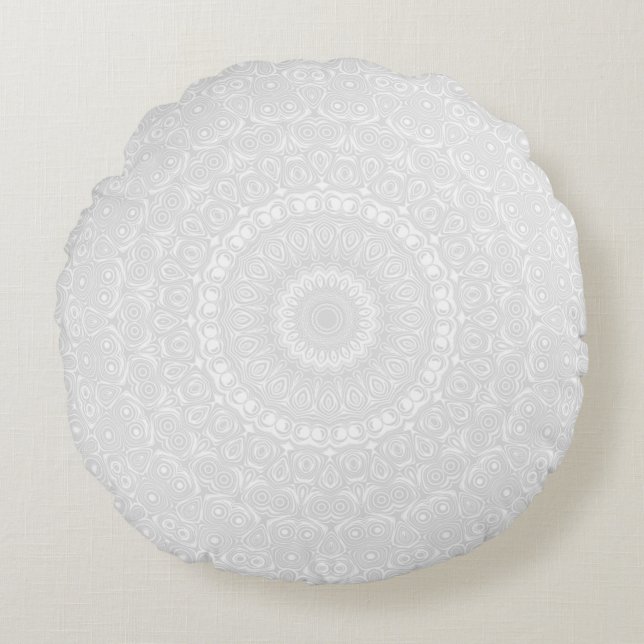 White on White Geometric Mandala Pattern Round Cushion (Front)