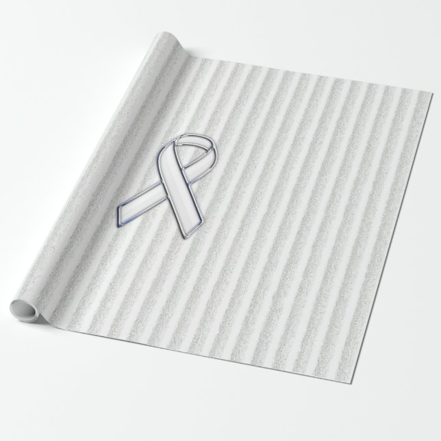 White on White Ribbon Awareness Stripes Wrapping Paper (Unrolled)