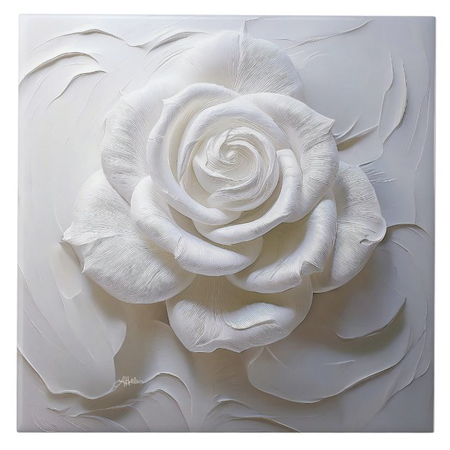 White On White - Sculpted Rose Ceramic Tile (Front)